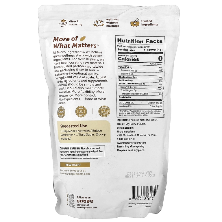 Micro Ingredients, подсластитель из архата с аллюлозой, классический белый, 907 г (2 фунта)