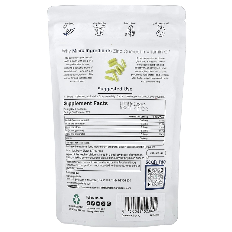 Micro Ingredients, цинк, кверцетин и витамин C, 240 капсул