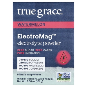 True Grace, ElectroMag™, электролитный порошок, со вкусом арбуза, 16 пакетиков по 6,32 г (0,22 унции) (Товар снят с продажи) 