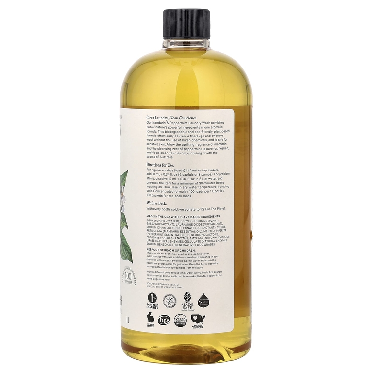 Koala Eco, натуральное средство для стирки, эфирное масло австралийского мандарина и перечной мяты, 1 л (33,8 жидк. унции)