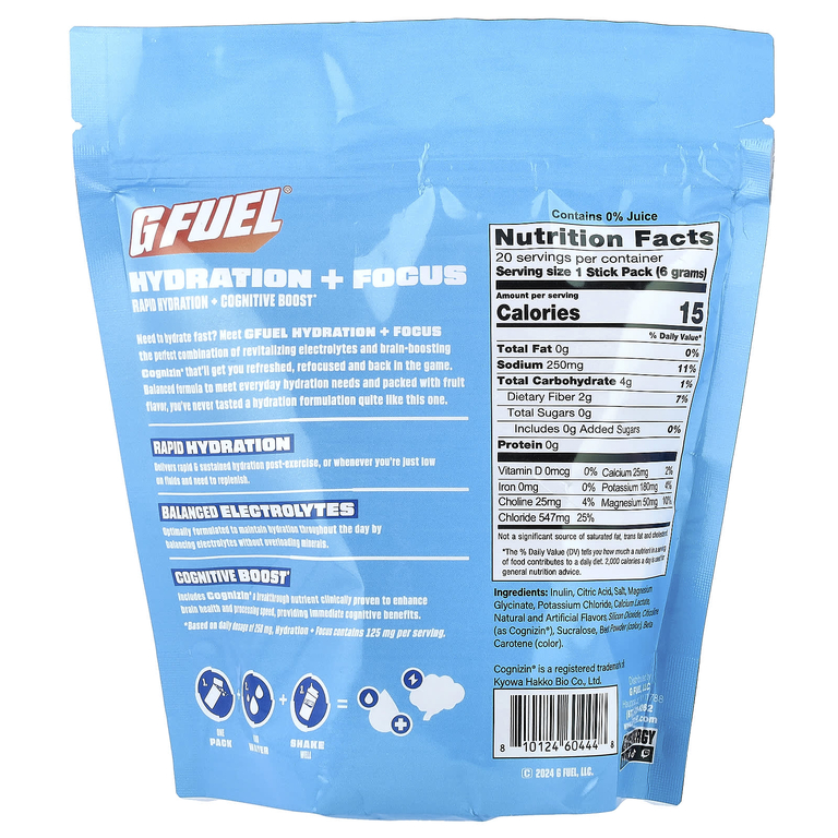 GFUEL, Hydration + Focus, смесь для приготовления электролитического напитка с Cognizin®, персик, 20 пакетиков-стиков по 6 г (0,21 унции)