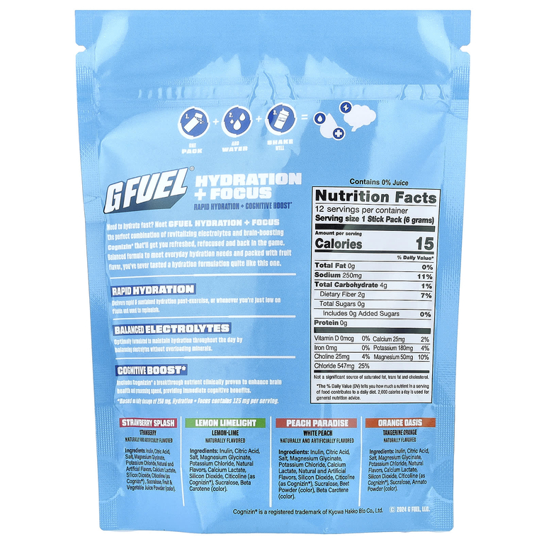 GFUEL, Hydration + Focus, смесь для приготовления электролитического напитка с Cognizin®, ассорти из 12 стик-пакетов по 6 г (0,21 унции)