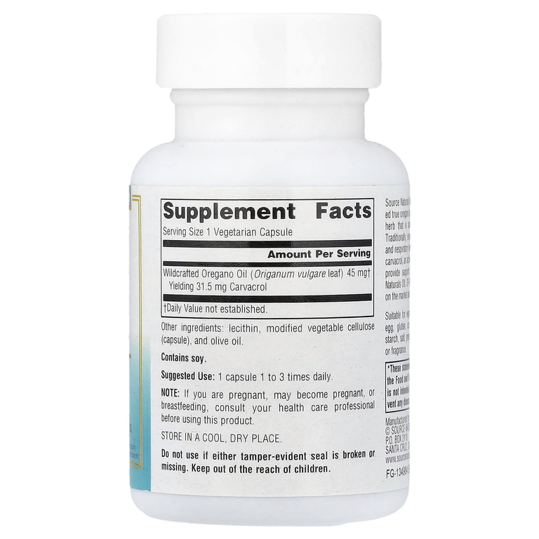 Source Naturals, Wellness, масло орегано, 30 вегетарианских капсул (45 мг в 1 капсуле)