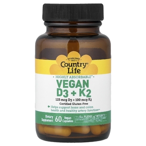Country Life, веганские витамины D3 и K2, 60 веганских капсул