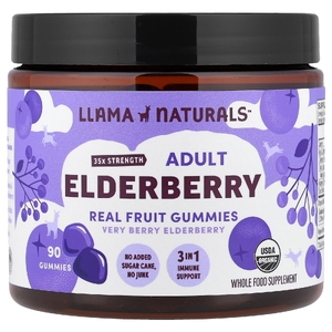 Llama Naturals, бузина для взрослых, натуральные фруктовые жевательные таблетки, с ягодным вкусом, 90 жевательных таблеток