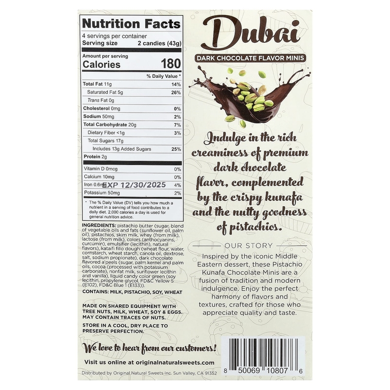 Original Natural Sweets, Дубай, мини-капсулы с темным шоколадом, 8 шт., 170 г (6 унций)