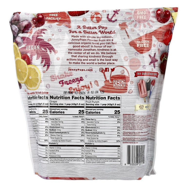 JonnyPops, органические леденцы для замораживания, вишня, виноград, фруктовый пунш, 24 шт. по 40 мл (1,35 жидк. унции)