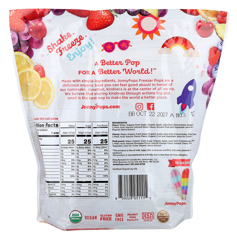 JonnyPops, органическая морозильная камера, с вишней, винограда, фруктовым пуншем, 24 мочка, по 41 мл (1,4 жидк. унции)