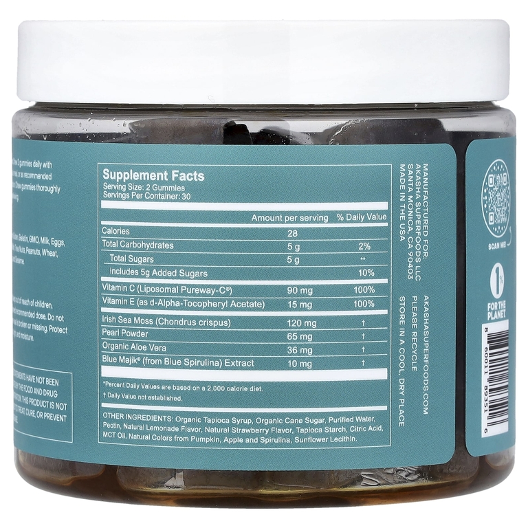 Akasha Superfoods, Glow, порошок из морского мха и жемчуга, со вкусом клубничного лимонада, 60 жевательных таблеток