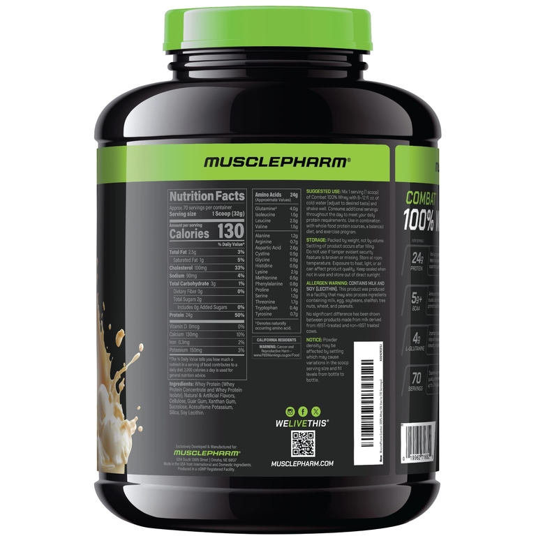 MusclePharm, Combat® 100%, порошок из сывороточного протеина, со вкусом ванильного мороженого, 2,24 кг (5 фунтов)