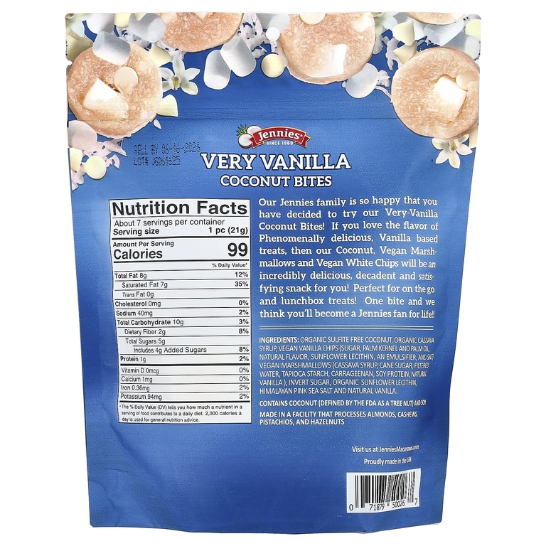 Jennies Macaroons, кокосовые батончики с ванильным вкусом, с маршмеллоу и нежным кокосом, 149 г (5,25 унции)