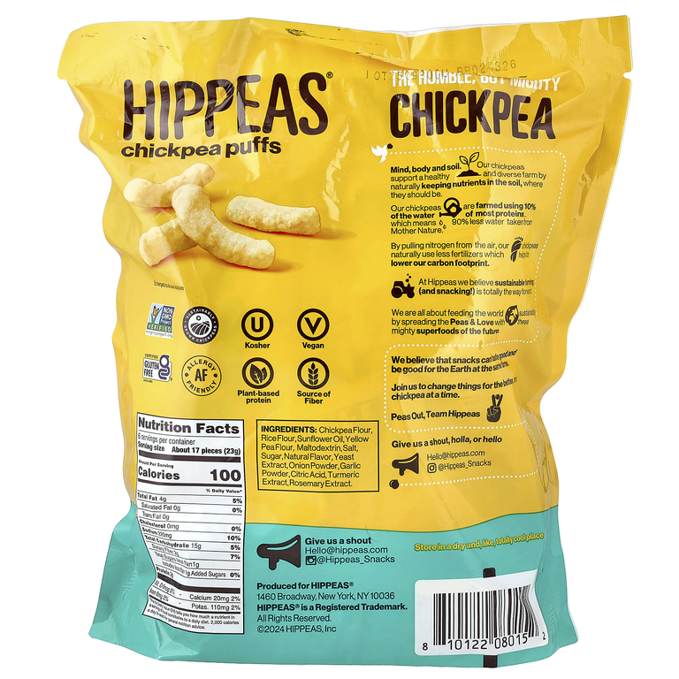 Hippeas, колечки из нута, белый чеддер, 6 пакетиков по 23 г (0,8 унции) (Товар снят с продажи) 