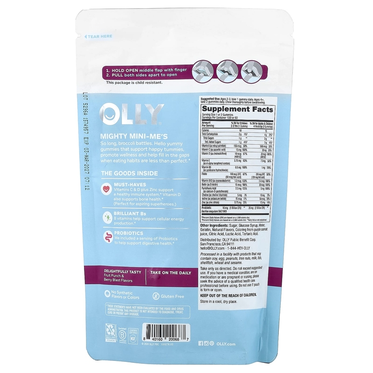 OLLY, мультивитамины и пробиотики для детей, со вкусом ягодного пунша, 120 жевательных таблеток