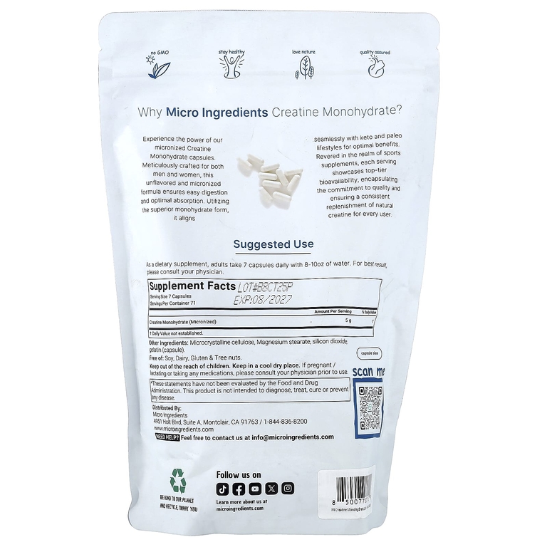 Micro Ingredients, моногидрат креатина, 500 капсул (714,28 мг в 1 капсуле)