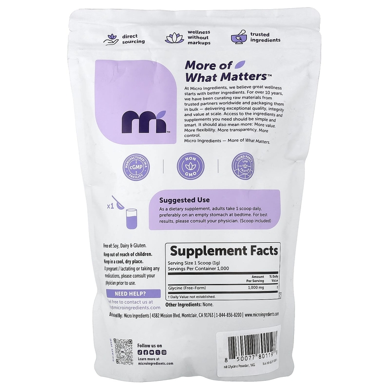 Micro Ingredients, порошок глицина, без добавок, 1 кг (2,2 фунта)