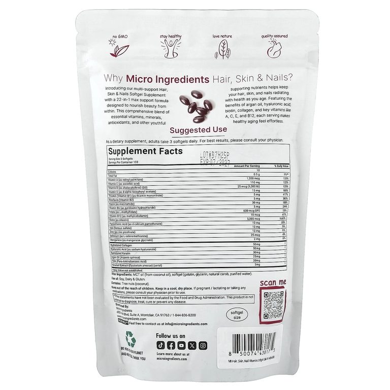 Micro Ingredients, волосы, кожа и ногти, 400 капсул