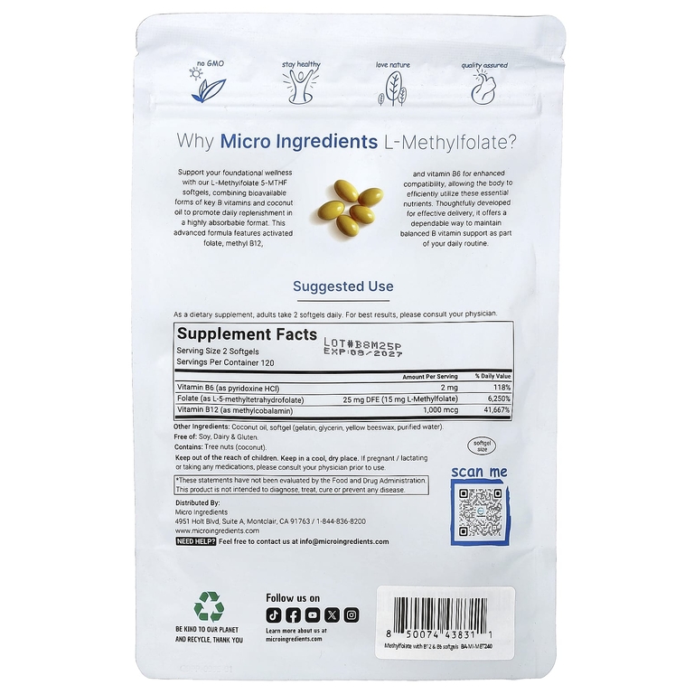 Micro Ingredients, L-метилфолат, 240 капсул