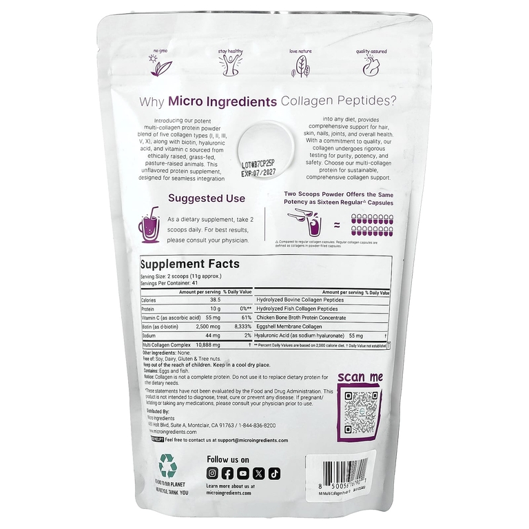 Micro Ingredients, пептиды коллагена нескольких типов, без вкусовых добавок, 454 г (1 фунт)