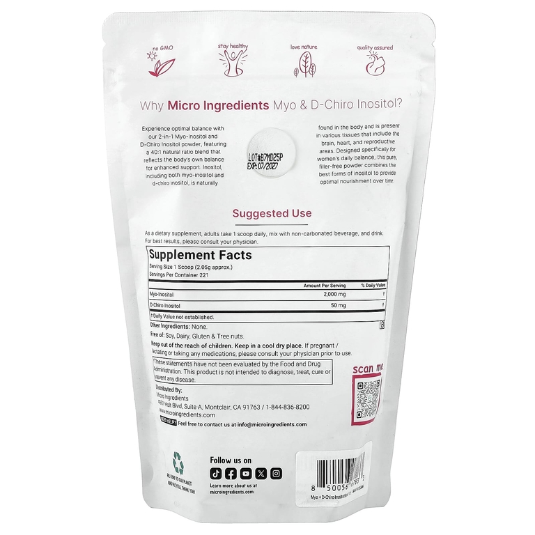 Micro Ingredients, мио- и D-хироинозитол в порошке, 454 г (1 фунт)