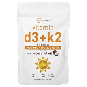 Micro Ingredients, витамины D3 и К2, 300 капсул