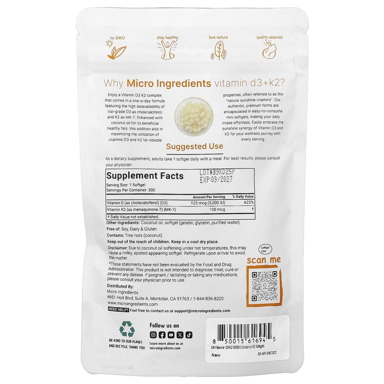 Micro Ingredients, витамины D3 и К2, 300 капсул