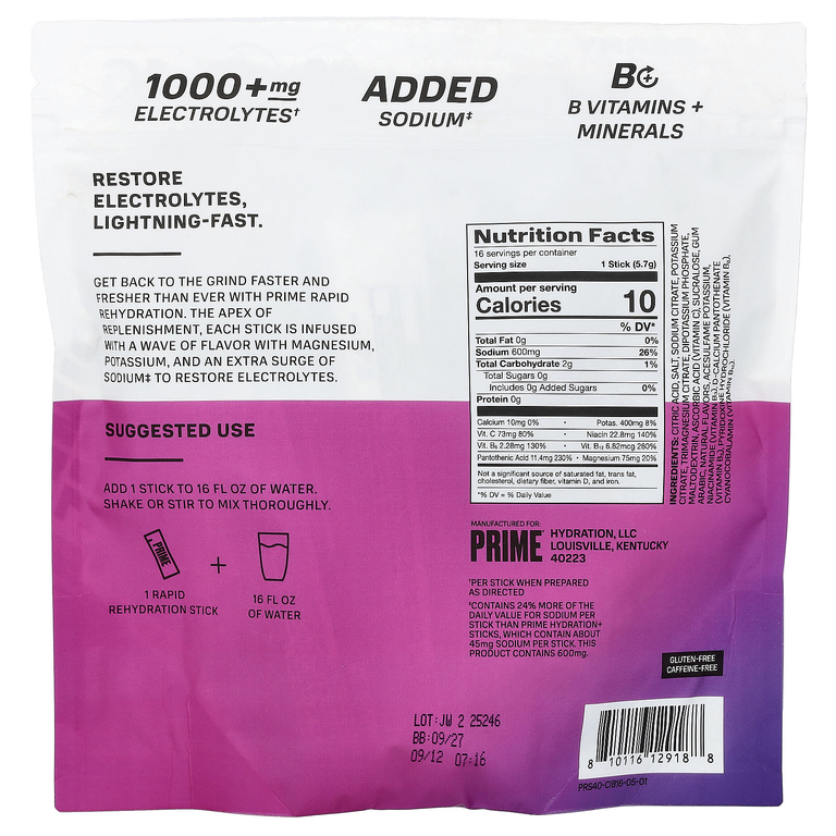 Prime Hydration, Rapid ReHydration, смесь для приготовления электролитического напитка, со вкусом ягод и цитрусовых, 16 стик-пакетов по 5,7 г (0,2 унции)