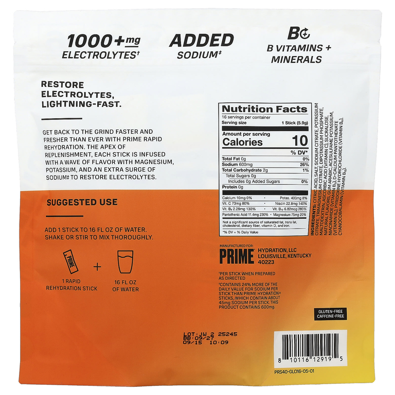 Prime Hydration, Rapid ReHydration, смесь для приготовления электролитического напитка, со вкусом апельсина, 16 стиков по 5,9 г (0,2 унции)