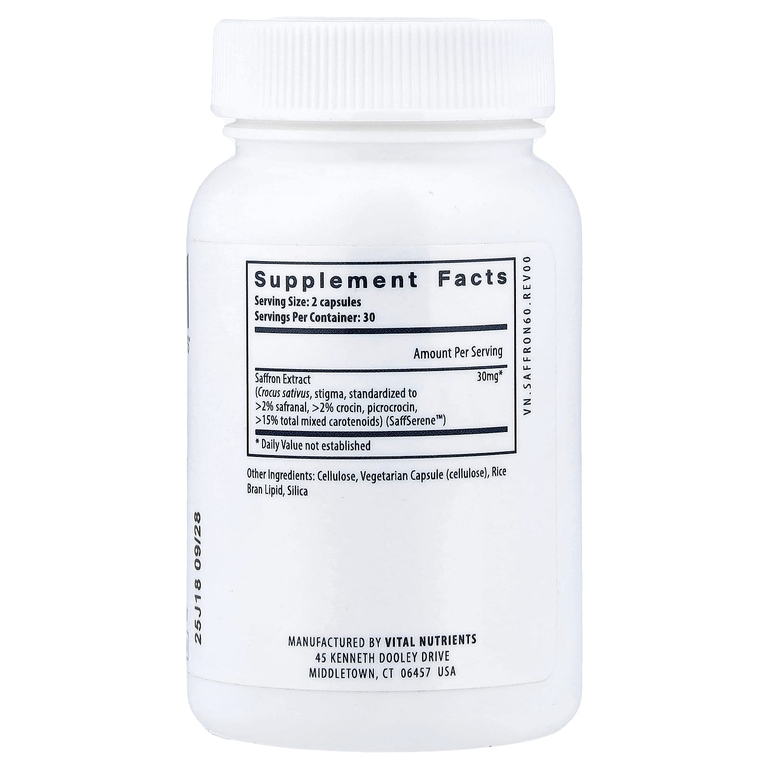 Vital Nutrients, экстракт шафрана, 60 веганских капсул (15 мг в 1 капсуле)