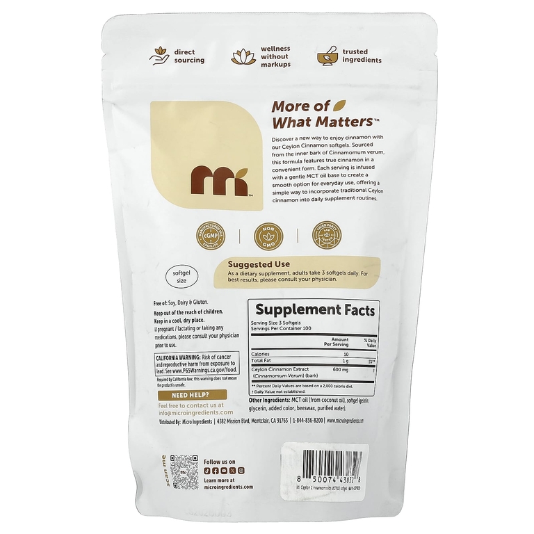 Micro Ingredients, цейлонская корица, 300 капсул (200 мг в 1 капсуле)