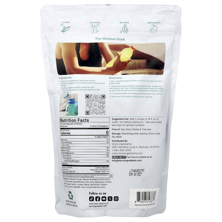 Micro Ingredients, электролитный напиток в порошке, со вкусом клубники и киви, 907 г (2 фунта) (Товар снят с продажи) 