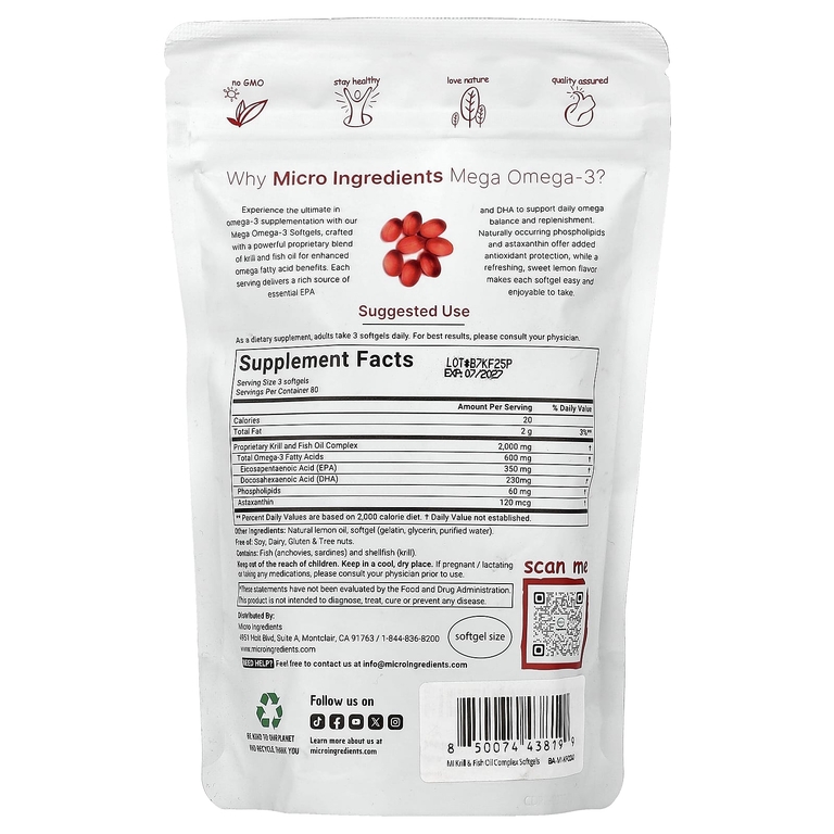 Micro Ingredients, Мега-омега-3 криля и рыбий жир с фосфолипидами и астаксантином, лимон, 240 мягких капсул