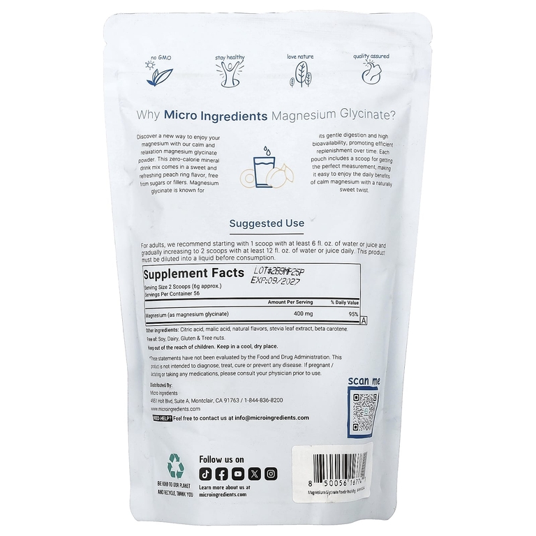 Micro Ingredients, глицинат магния в порошке, со вкусом персика, 340 г (12 унций)