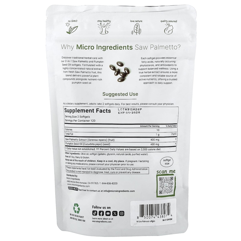 Micro Ingredients, сереноя с маслом семян тыквы, 240 капсул