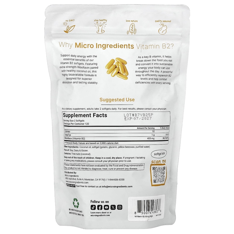 Micro Ingredients, витамин B2, рибофлавин, 240 капсул (200 мг в 1 капсуле)