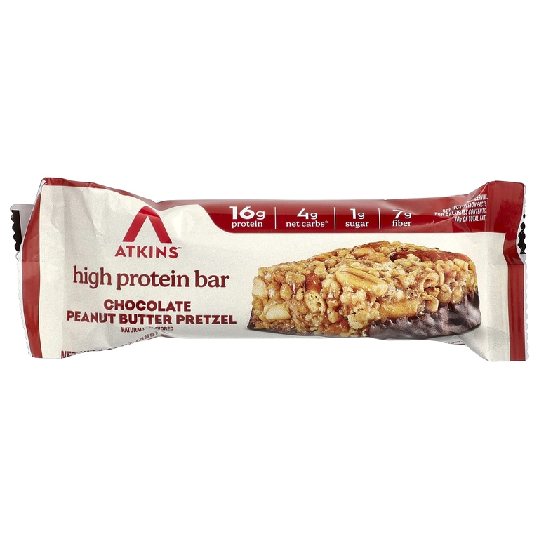 Atkins, высокопротеиновый батончик, шоколад и арахисовая паста, крендель, 4 батончика по 48 г (1,69 унции)