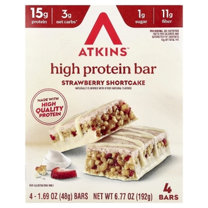 Atkins, высокопротеиновый батончик, клубничное печенье, 4 батончика по 48 г (1,69 унции)