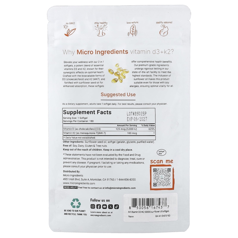 Micro Ingredients, витамины D3 и К2, 180 капсул