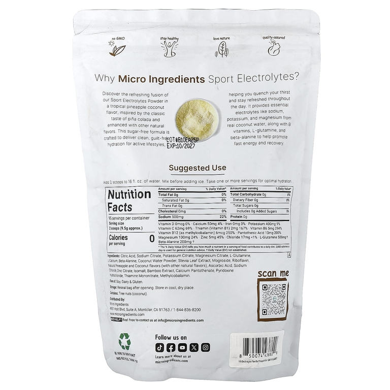 Micro Ingredients, Sport Электролиты в порошке, пина колада, 907 г (2 фунта)