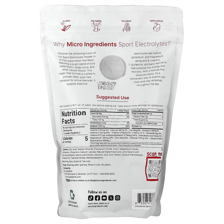 Micro Ingredients, электролиты в порошке, со вкусом арбуза и лайма, 907 г (2 фунта)