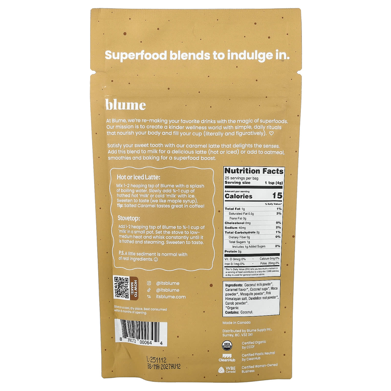 Blume, латте с суперфудами, соленая карамель, без кофеина, 100 г (3,5 унции)