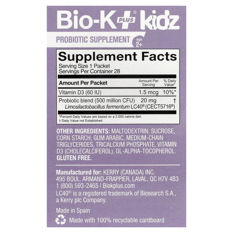 Bio-K+, Kidz, пробиотическая добавка, для детей от 2 лет, без вкусовых добавок, 28 пакетиков по 1 г (0,04 унции)