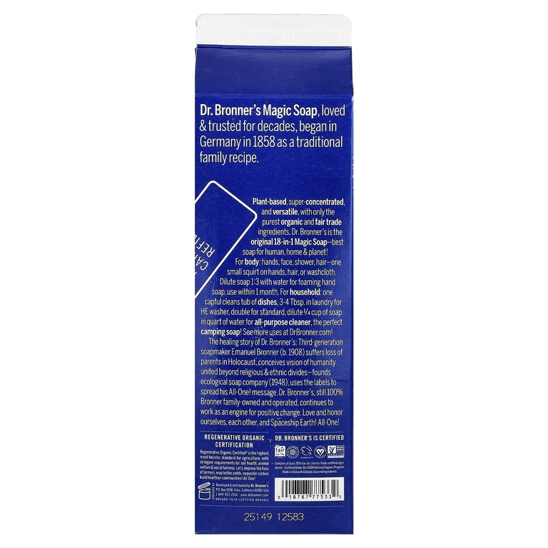 Dr. Bronner's, Pure-Castile Magic Soap, 18 в 1, сменная упаковка, перечная мята, 946 мл (32 жидк. унции)