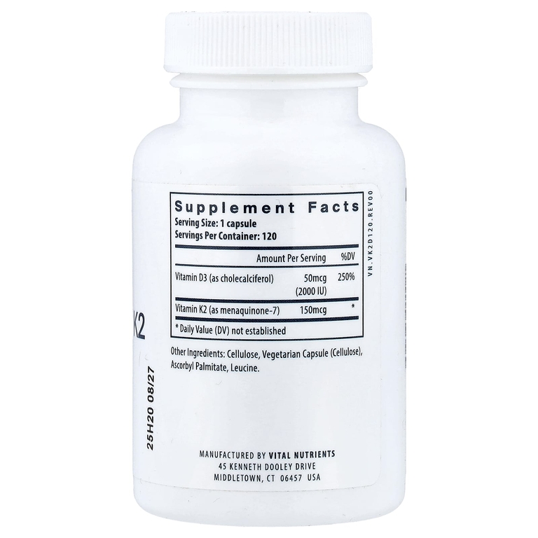 Vital Nutrients, витамины D3 и К2, 120 вегетарианских капсул