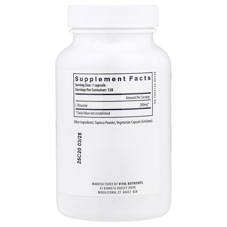 Vital Nutrients, L-теанин, 200 мг, 120 веганских капсул