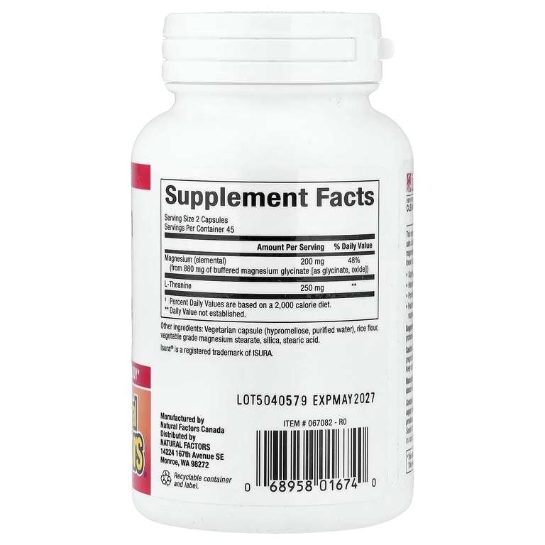 Natural Factors, глицинат магния с L-теанином, 90 вегетарианских капсул