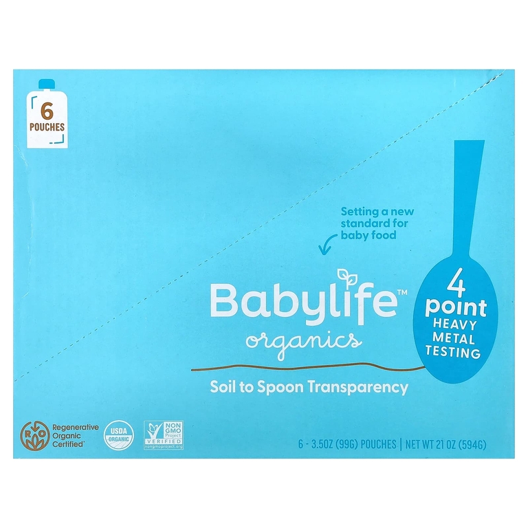 BabyLife Organics, детское питание для детей от 6 месяцев, слива, груша, клубника и банан, 6 паучей по 99 г (3,5 унции)
