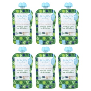 BabyLife Organics, детское питание, для детей от 6 месяцев, шпинат, яблоко, груша и голубика, 6 паучей по 99 г (3,5 унции)