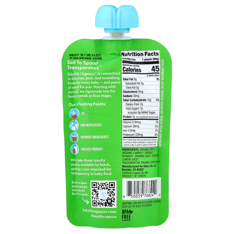 BabyLife Organics, детское питание для детей от 6 месяцев, яблоко, морковь, шпинат и кудрявая капуста, 6 паучей по 99 г (3,5 унции)