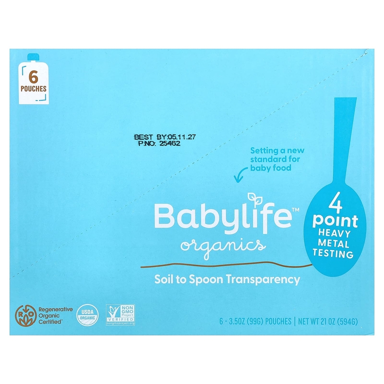 BabyLife Organics, детское питание для детей от 6 месяцев, яблоко, морковь, шпинат и кудрявая капуста, 6 паучей по 99 г (3,5 унции)