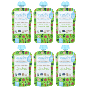 BabyLife Organics, детское питание для детей от 6 месяцев, яблоко, морковь, шпинат и кудрявая капуста, 6 паучей по 99 г (3,5 унции)
